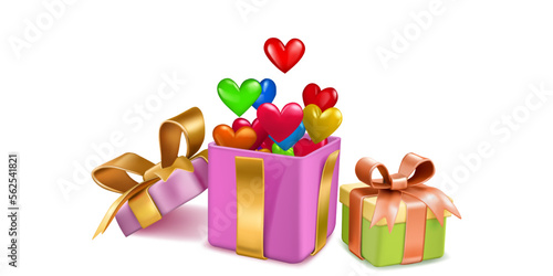 Valentine's Day illustration with colored gift boxes tied with ribbons with a bows, and a lot of red hearts flying out of open box, on white background