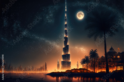 Burj Khalifa landscape at night - Generative AI