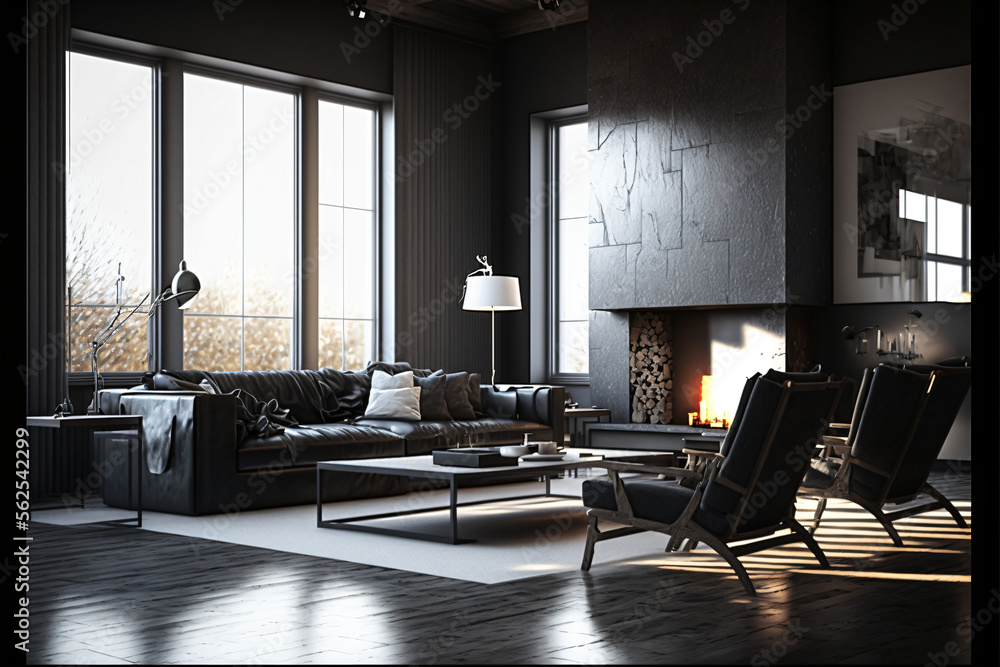 Fototapeta premium Highly detailed modern design living room with fireplace and black walls. Designed using generative ai