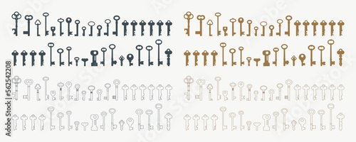 Vintage home keys collection in steel and gold, silhouette and outlined shapes
