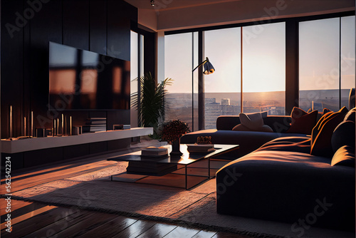Living room interior in a penthouse. Designed using generative ai