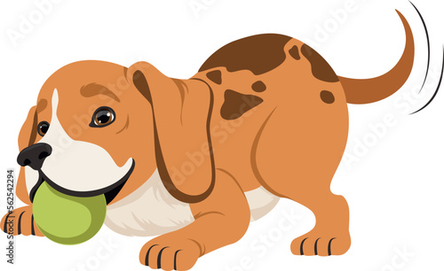 Playful dog with ball in mouth. Funny cartoon puppy