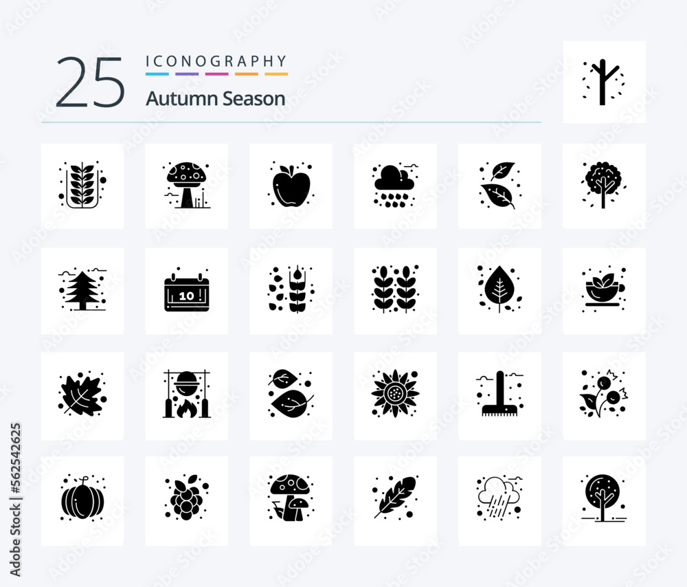 Autumn 25 Solid Glyph icon pack including ash. rain. poison. cloud. food