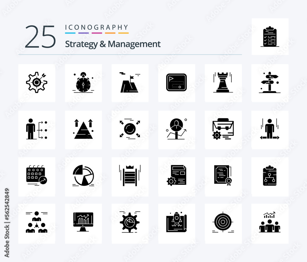 Strategy And Management 25 Solid Glyph icon pack including direction route. map. bell. land. sucess