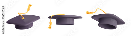 Set flying graduate hat icon. 3d student cap throw in realistic minimal style. Education, training, knowledge concept. Vector cartoon illustration