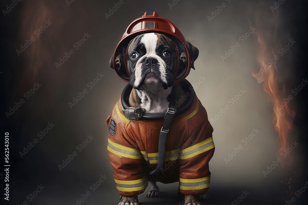 dog Wears a fireman suit, background Cinematic, photorealistic Portrait