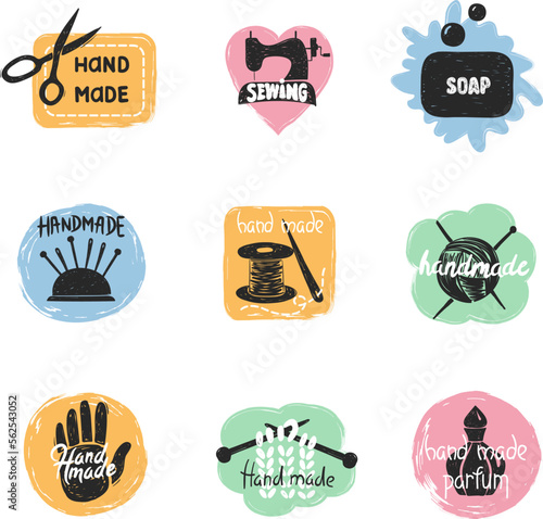 Handmade logo set. Sewing handicraft hobby workshop labels. Vector hand drawn illustration