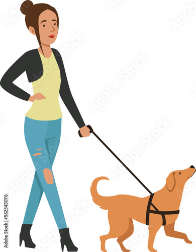 Stylish young woman walking with dog. Cartoon character