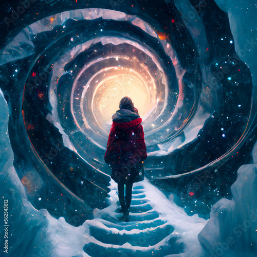 An illustration of a woman staring up into the infinite snow tunnel