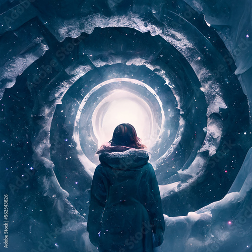 An illustration of a woman staring up into the infinite snow tunnel