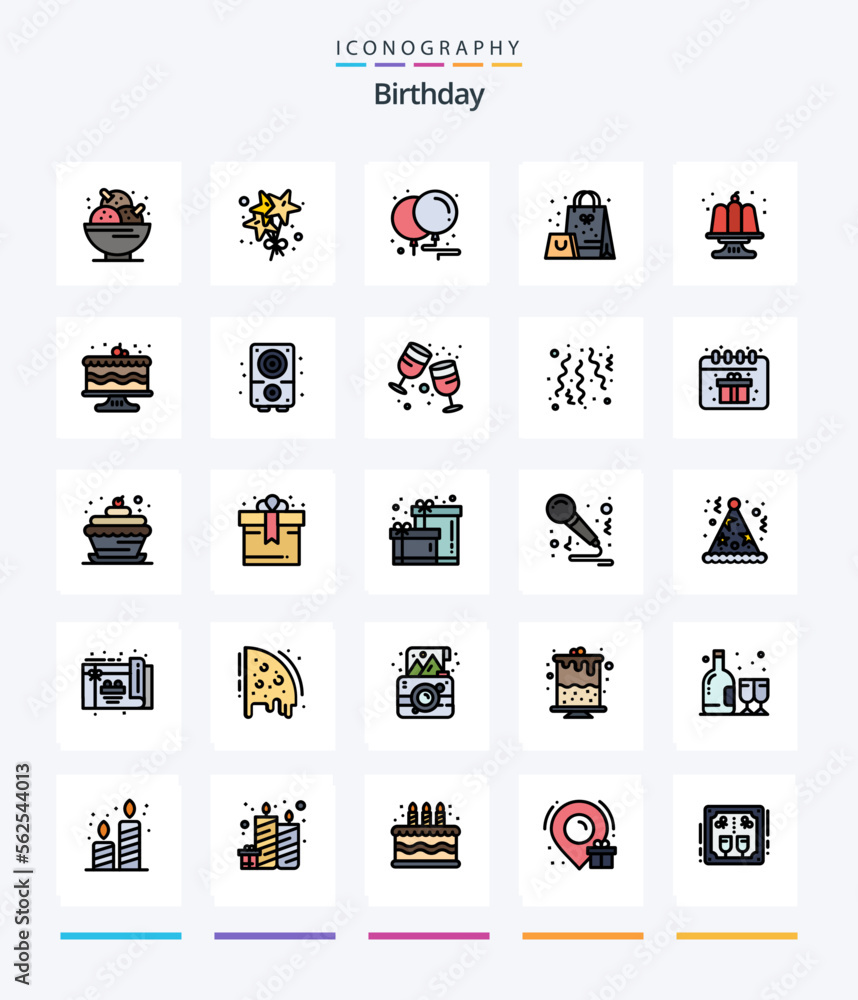 Creative Birthday 25 Line FIlled icon pack  Such As cake. surprise. balloons. present. bag