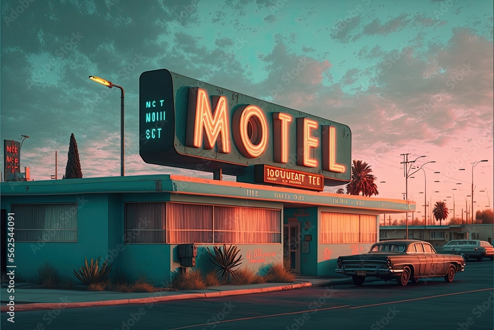 motel in the sunset , ai generated - obrazy, fototapety, plakaty 