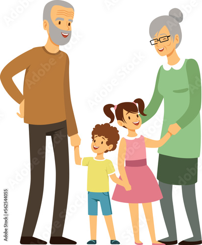 Grandparents laughing with boy and girl. Happy family together