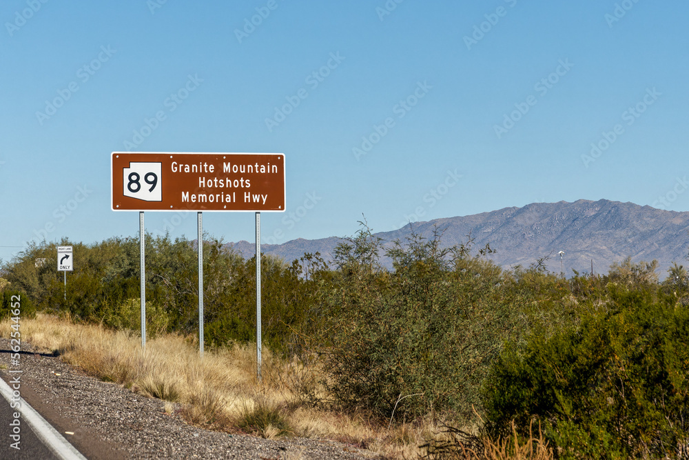 Granite Mountain Hotshots Memorial Highway Route 89 sign in Arizona