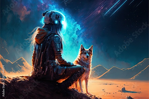 woman and his pet in futuristic suit siting and looking at the star trail in the sky, digital art style, illustration painting photo