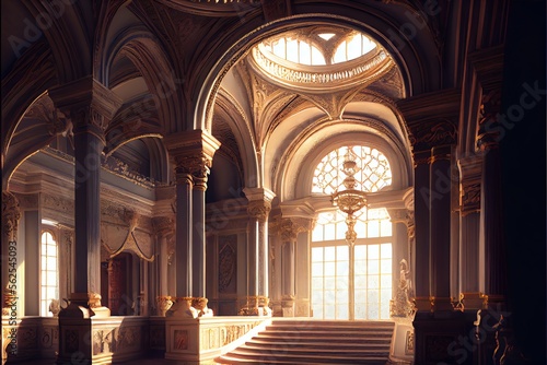 Fantasy palace interior with golden decor and castle-like features.. Generative AI © Pixel Matrix