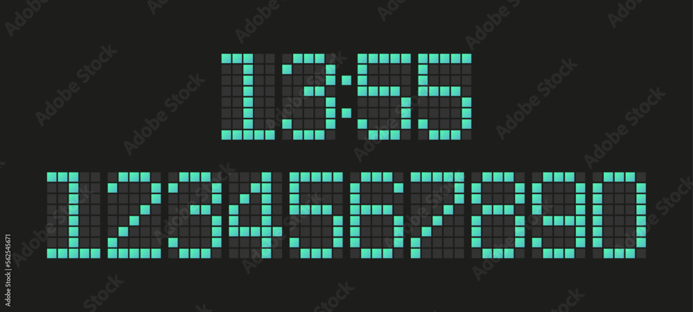 Digital Clock set in pixel style. Electronic Numbers collection. Vector illustration. Digital Clock set in pixel style. Electronic Numbers collection. Vector illustration.