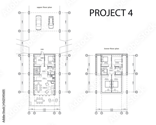 Vector architectural project of a two storey building with a landscape design, located on a mountain