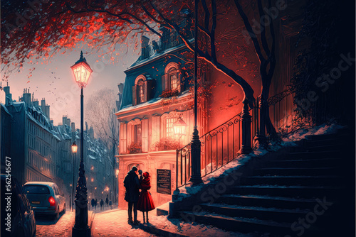 Fototapeta Naklejka Na Ścianę i Meble -  Lovers in the street of Montmartre, Paris, France - Digital Painting - Generative AI