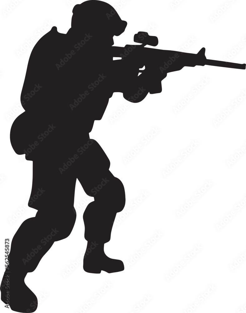 Black and white silhouette of a soldier with a weapon. A special forces soldier aims and shoots a rifle or a machine gun at the enemy
Black and white silhouette of a soldier with a weapon. A special forces soldier aims and shoots a rifle or a machine gun at the enemy