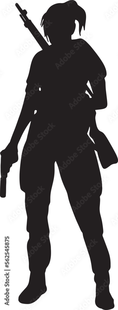 Black and white silhouette of a woman soldier with a weapon. A special forces soldier aims and shoots a rifle or a machine gun at the enemy	
