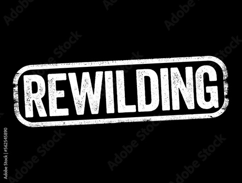 Rewilding - activities are conservation efforts aimed at restoring and protecting natural processes and wilderness areas, text stamp concept background