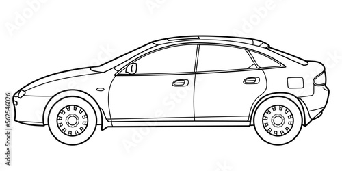 Classic sport hatchback car. 08s and 90s style. Side  view. Street racing style car. Outline doodle vector illustration for your design - coloring book or print.