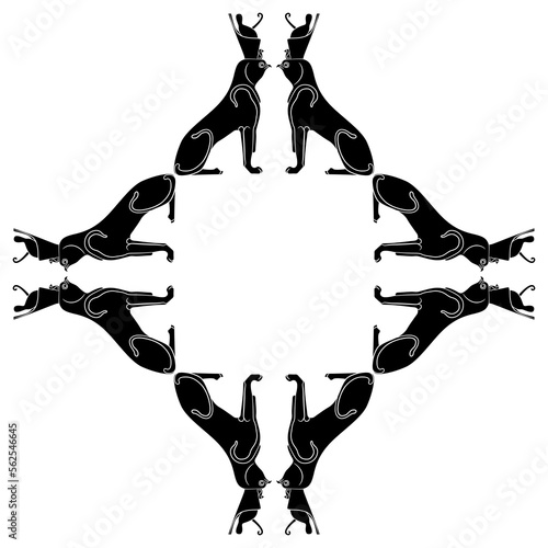 Rhombus shape animal frame with Ancient Egyptians sphinxes. God Horus as a lion with falcon head in pharaoh's crown. Black and white silhouette.