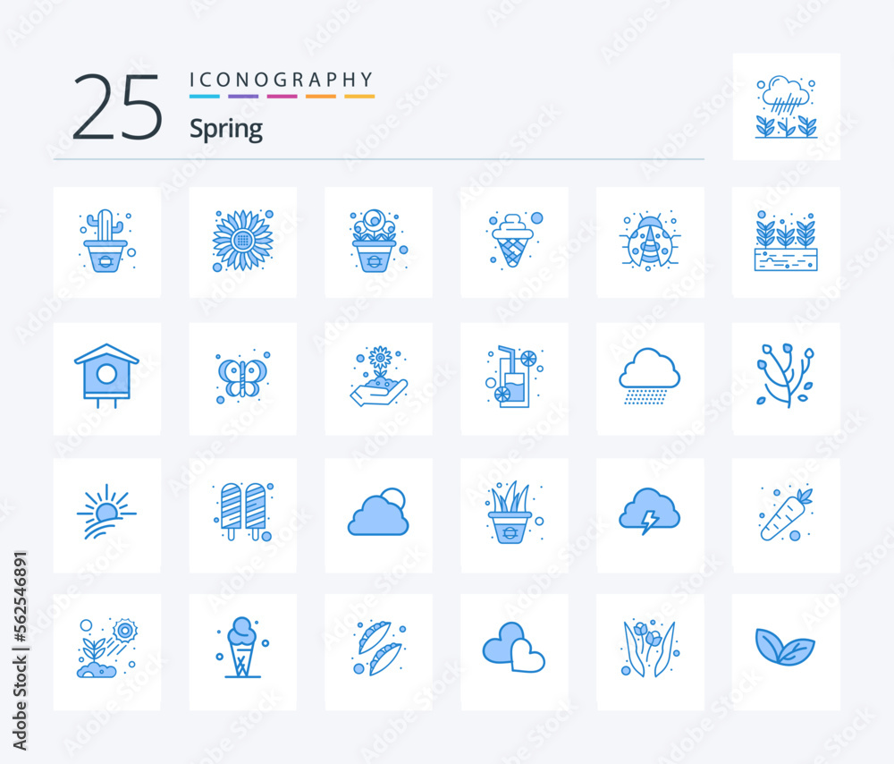 Spring 25 Blue Color icon pack including lady bug. insect. pot. bug. food