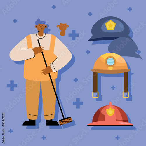 street sweeper with professions hats