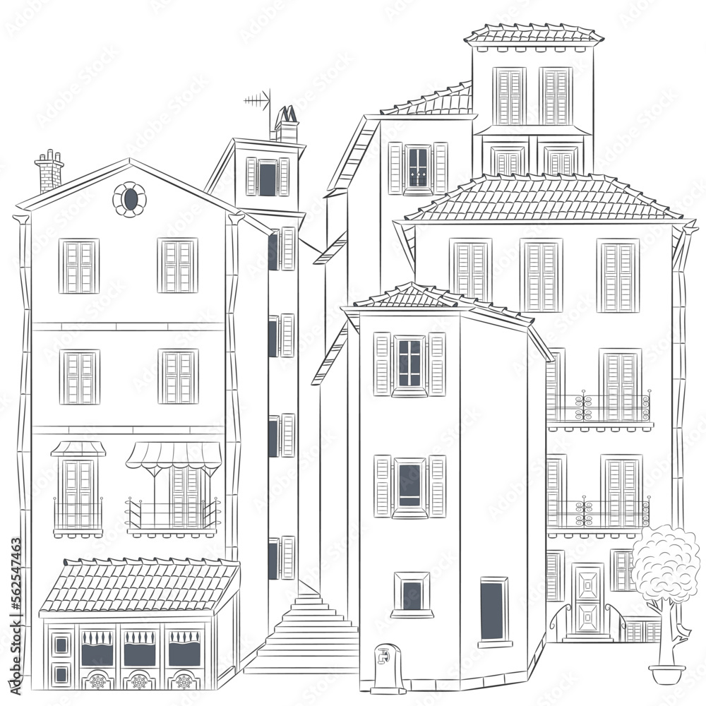 Black and white vector drawing of old houses in the historical part of Menton.