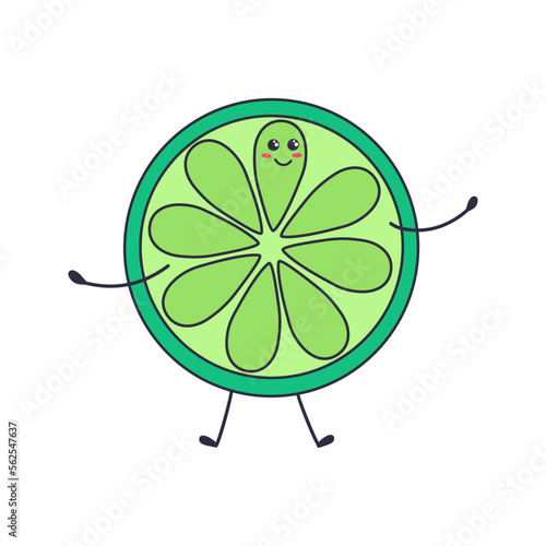 Kawaii slice of lime in doodle style. Vector illustration isolated on white.
