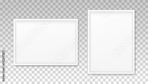 Mockup white frame photo on wall. Mock up picture framed. Horizontal boarder with shadow. Empty photoframe isolated on transparent background. Design border print poster, painting. Vector illustration