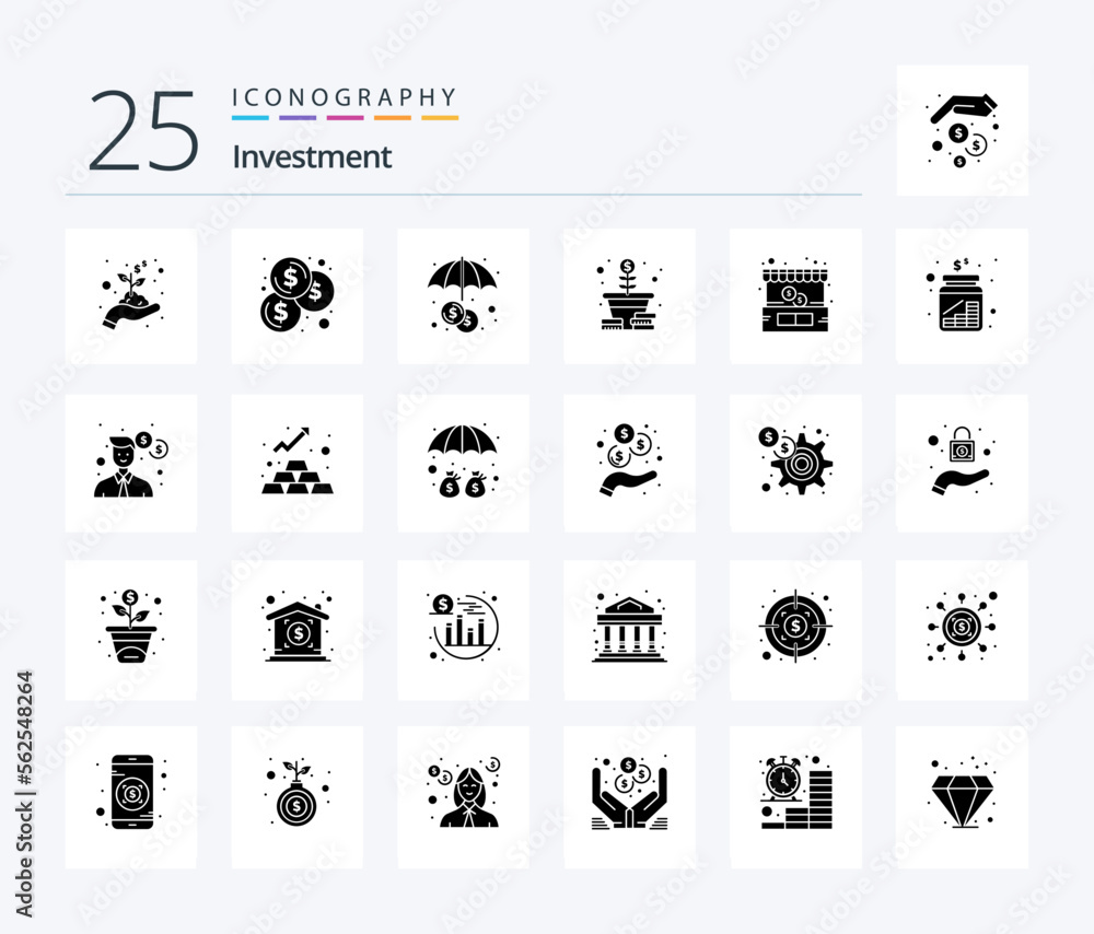 Investment 25 Solid Glyph icon pack including cash. shop. investment. ecommerce. coins