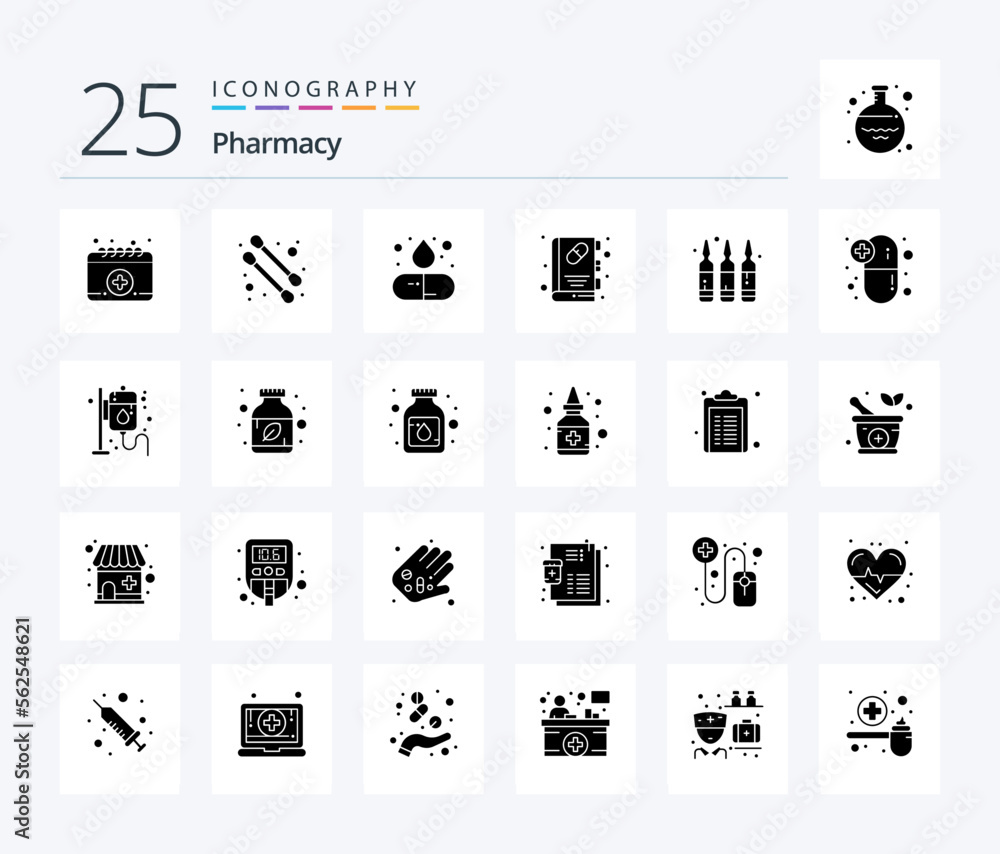Pharmacy 25 Solid Glyph icon pack including capsule. liquid. medicine. drug. medical book
