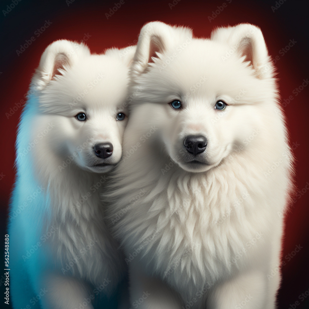 Two Samoyed puppies on red background. Valentine's Day. Generative AI.
