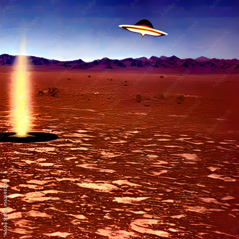 Digital reconstruction of an old photo of a UFO sighting in a desert ...