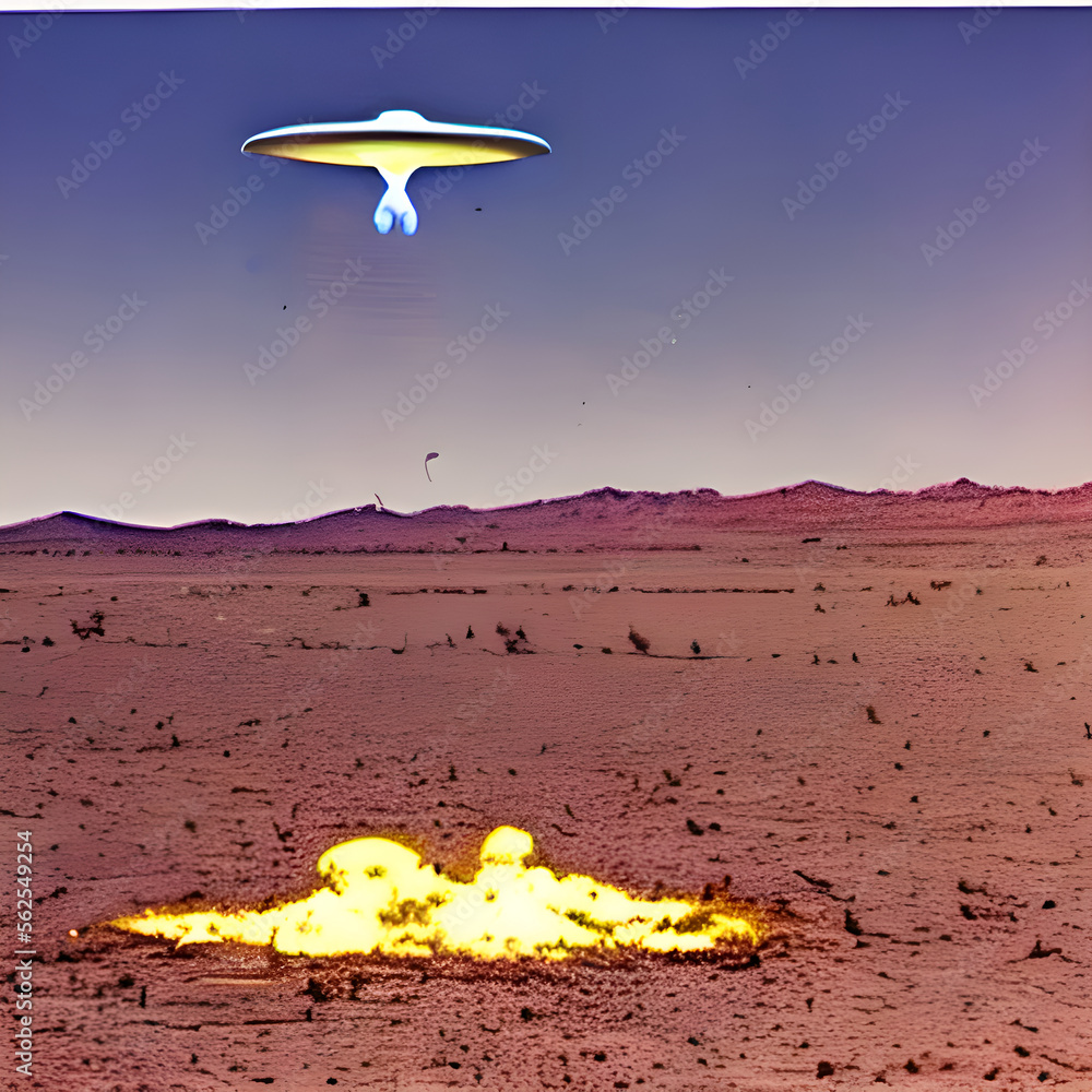 Digital reconstruction of an old photo of a UFO sighting in a desert