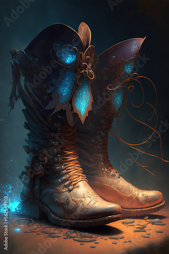 Boots of a magician. Role-playing game illustration. Generative AI.