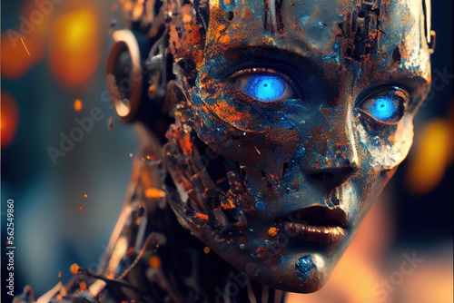 Futuristic steel AI Android in cinematic lighting, photoreal, realism, porcelan skin created with generative ai technology