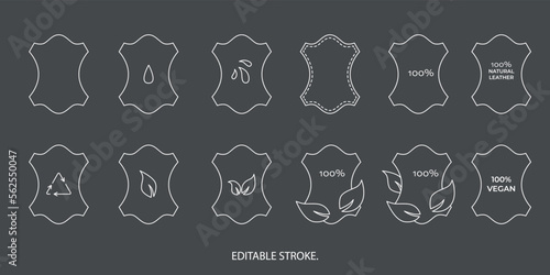 Sustainable eco vegan leather symbols set for clothes tag. Vector stock illustration isolated on black chalkboard background. Editable stroke line.
