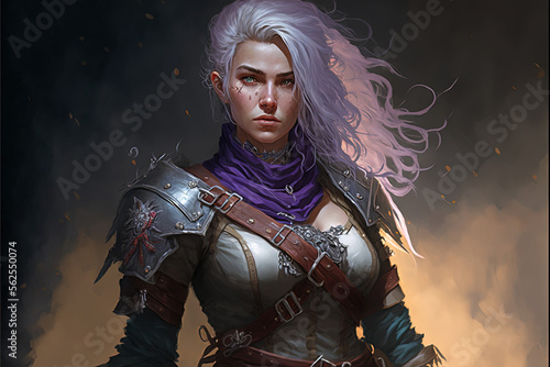 Female warrior with silver hair. Role-playing game illustration. Generative AI.