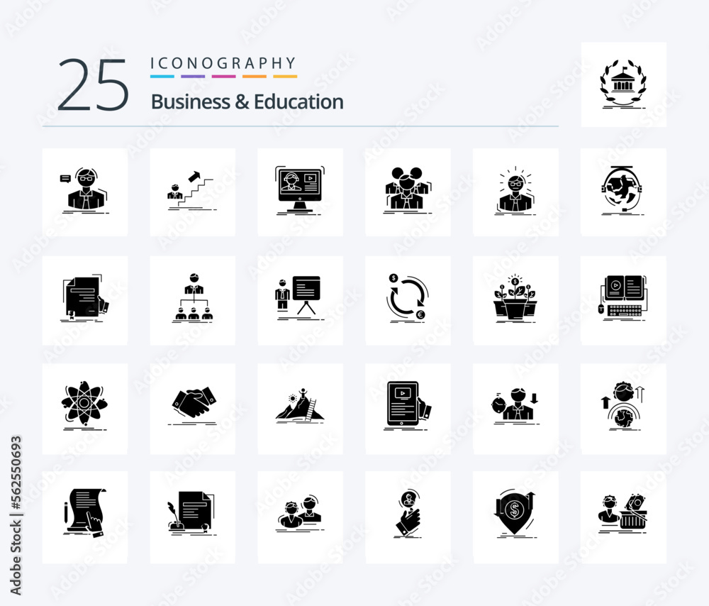 Business And Education 25 Solid Glyph icon pack including business. team. leader. education. media