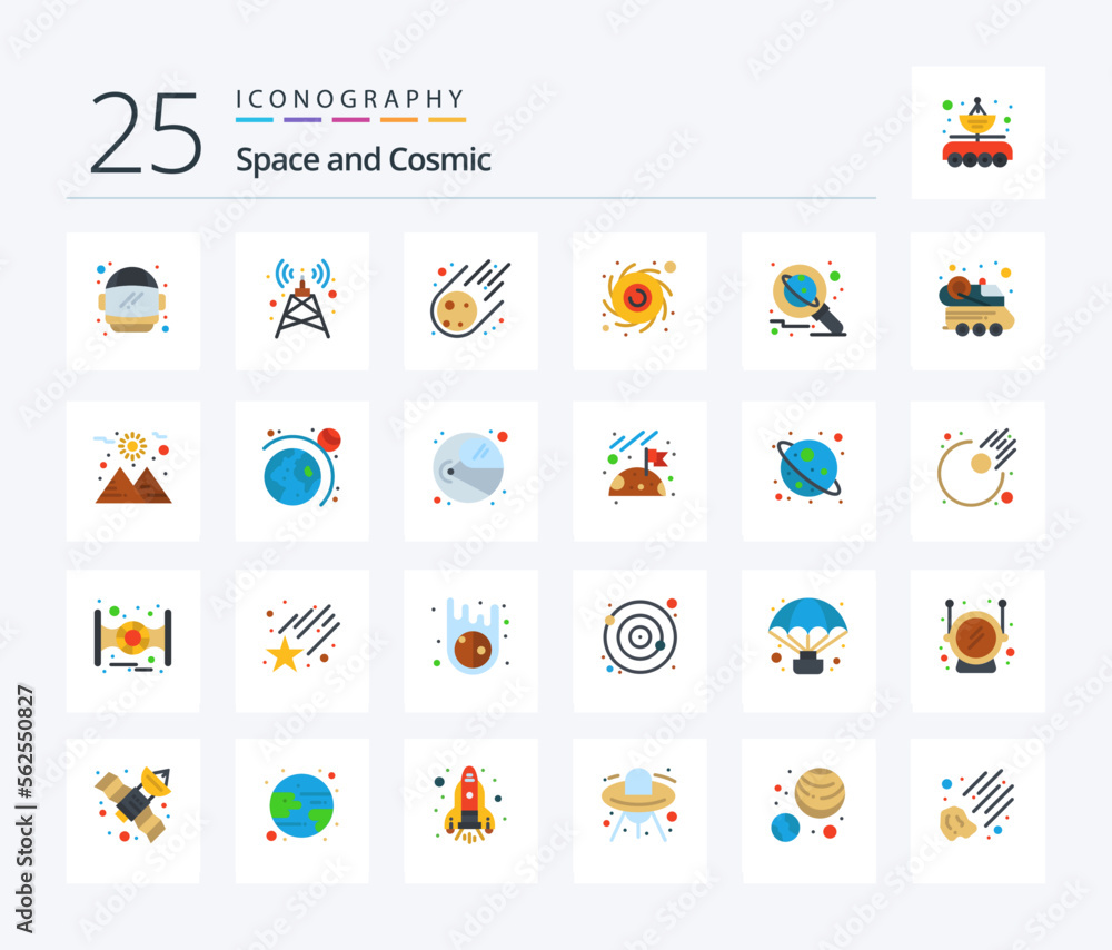 Space 25 Flat Color icon pack including space. research. meteorite. planet. planet
