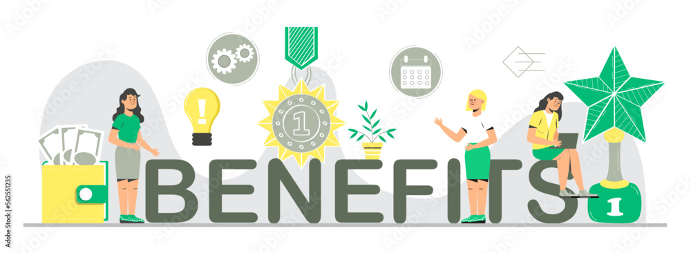 Benefits for worker, buyer. Employee, teamwork benefits package vector for web, UI, banner, social net story.