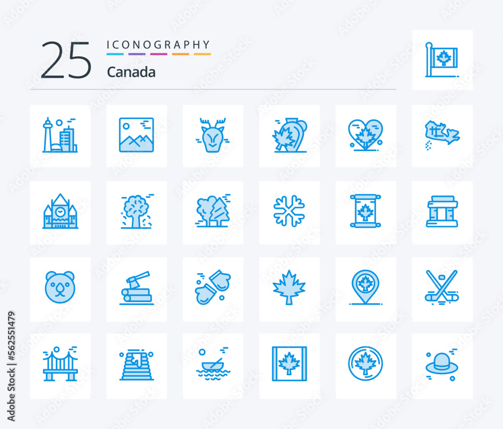 Canada 25 Blue Color icon pack including maple. canada. canada. autumn. reindeer