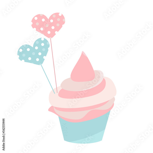Cream cake in a basket with topers in pastel colors. Topers in the form of hearts