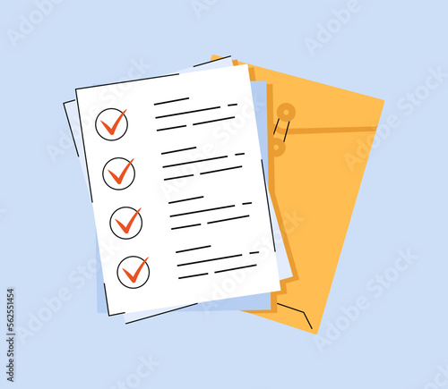Contract papers. Business stationary documentation. Document. Folder with stamp and text. Stack of agreements document