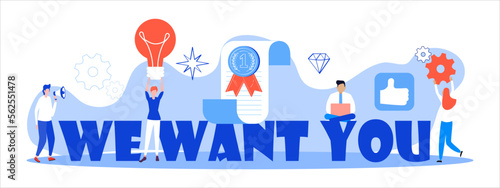 Welcome concept flat vector foe website. Happy tiny people are near huge text. Cartoon office teamwork and are greeting clients in online office
