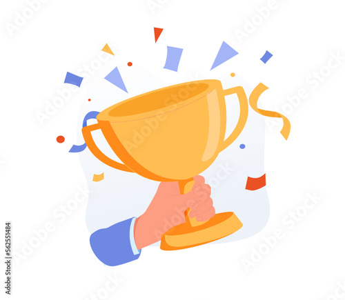 Celebrate winner with golden cup, prize winners golden cup in holding hand. Cartoon award ceremony concept with cup
